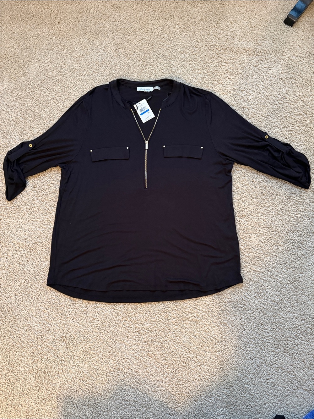 Calvin Klein Black Zip-Front Roll-Sleeve Blouse